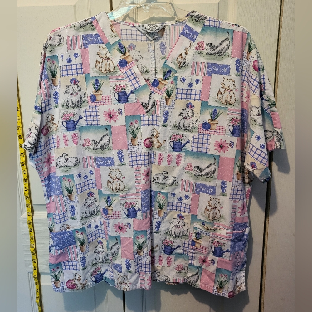 Playful pets patchwork 2 pocket, v neck scrub top by Cherokee.